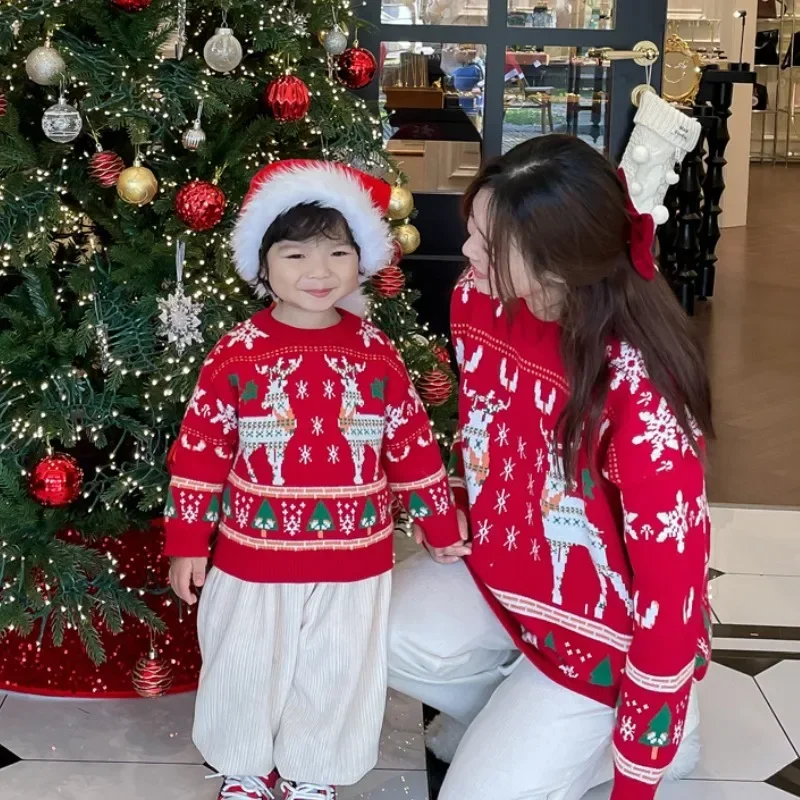 Plant Parent Free - Familien-passender Weihnachts-Rentier-Baum-Pullover, Eltern-Kind-Rot-Strickpullover, Vater, Mutter und