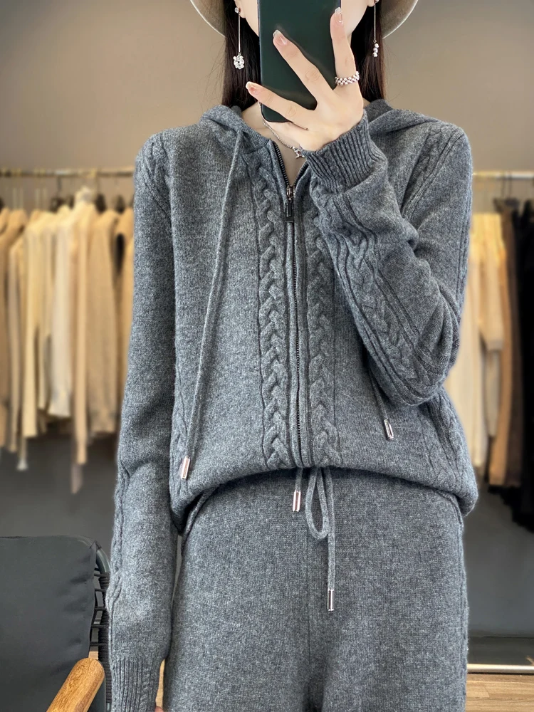 Plant Parent Hoodie - Damen-Set aus reinem Kaschmir: Kapuzen-Cardigan mit